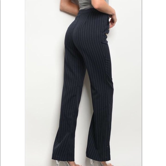 ‘Self Made’ Navy Blue Pinstripe Button Pants - Picture 3 of 3